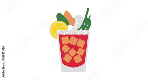 Red Drink with Ice Cubes Garnish of Lemon Slice Celery Stalk Pickles and Greens Served in a Salt rimmed Glass with a Straw