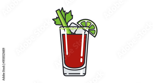 A Tall Clear Glass Filled with Vibrant Red Liquid Garnished with Fresh Green Celery Stalks Ice Cubes and a Juicy Lime Slice with a Salted Rim