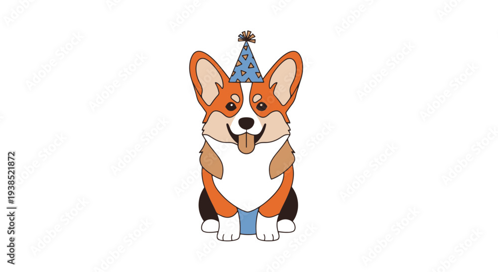 Fototapeta premium Cute Corgi Wearing a Blue Party Hat with Triangles Sticking Its Tongue Out Sitting Down with Front Paws Together White Background Festive Cartoon Style
