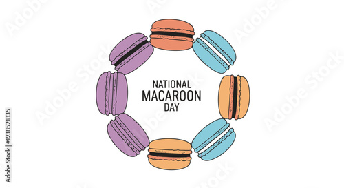 Whimsical Circular Arrangement of Pastel colored Macarons Celebrating National Macaroon Day with a Festive and Sweet Design Concept