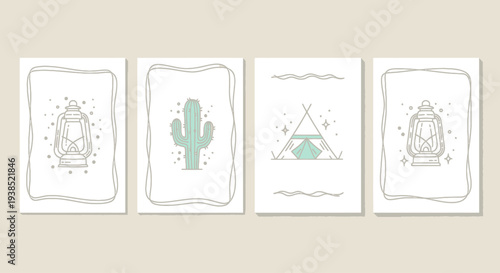 Desert theme card set: cactus, tent, lantern, simple line art, western vibe
