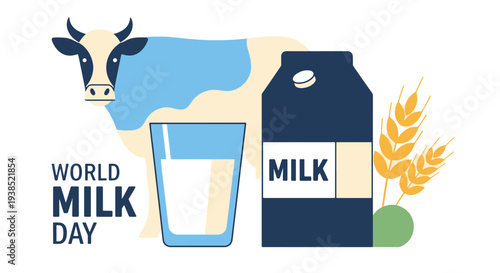 Stylized Cow with Glass of Milk and Carton Wheat Stalks and Green Ball Against a White Background Celebrating World Milk Day