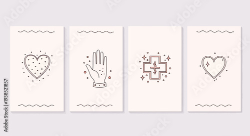 Medical Icons Set: Heart, Hand, and Cross Graphics on Beige Background