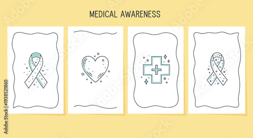 Medical Awareness Icons: Ribbon, Heart, Cross, Ribbon - Vector Illustration