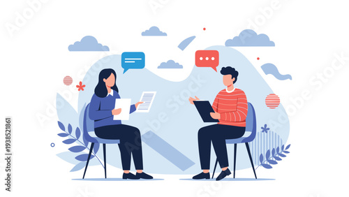 Man and woman sitting in chairs and engaging in a dialogue with speech bubbles above them for interviews or consulting.