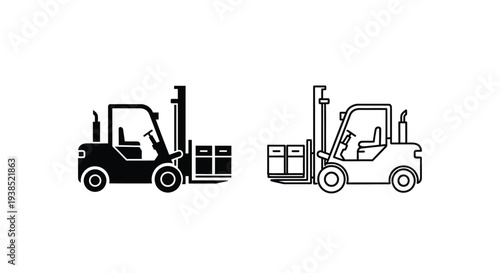Two forklift trucks depicted in a minimalist black silhouette