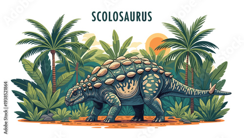 Scolosaurus dinosaur with armored back and tail club walking through a lush prehistoric jungle with palm trees and a bright sun.