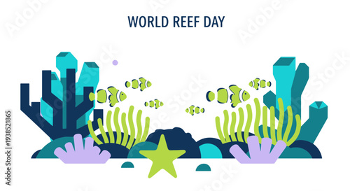 Stylized World Reef Day Coral Reef Scene with Vibrant Clownfish Swimming Among Colorful Anemones and Aquatic Plants Flat Design