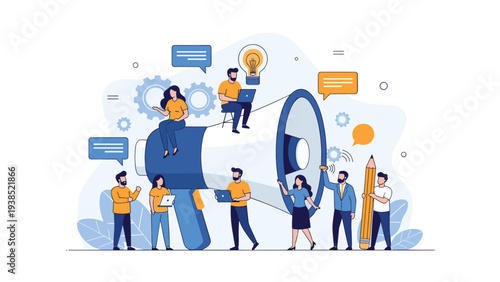 Small professional team collaborating around a massive megaphone symbol to represent marketing, advertising, and communication.