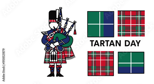 Scottish Bagpiper in Traditional Kilt and Hat Playing Instrument with Tartan Patterns and Text Tartan Day