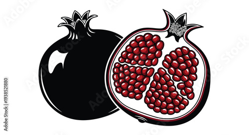 A vibrant illustration depicts a whole and a halved pomegranate showcasing its rich red seeds