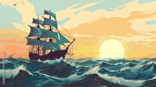 Sailing ship on the ocean at sunset illustration with clouds and waves