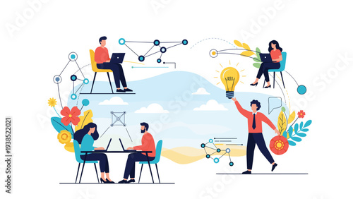 Diverse team of professionals collaborating on innovative projects with digital devices and creative idea symbols.