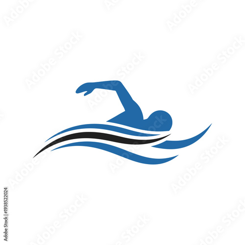 Swimmer silhouette in dynamic motion with flowing waves.