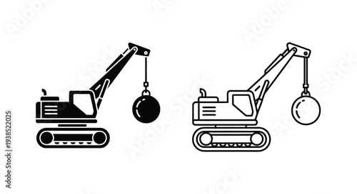 Two construction cranes with wrecking balls in a stark silhouette