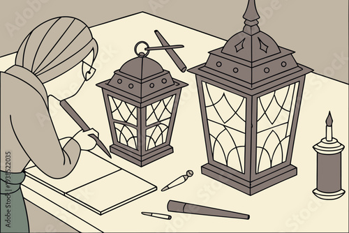 Vintage Writing Scene with Lanterns and Quill Pen