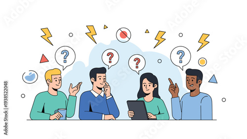 Group of diverse colleagues having a lively discussion with questioning and brainstorming symbols in a workspace.