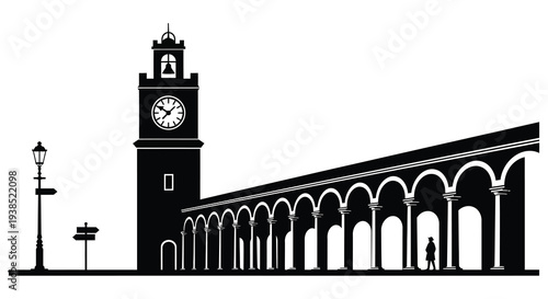 A striking black and white illustration of a clock tower colonnade and a lone figure