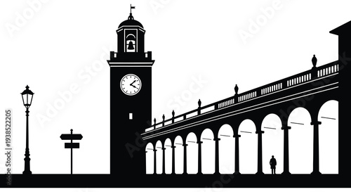 A striking black and white illustration of a clock tower colonnade and street scene high quality