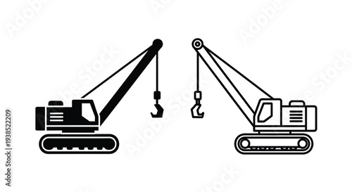 Two construction cranes lifting a bold black graphic silhouette