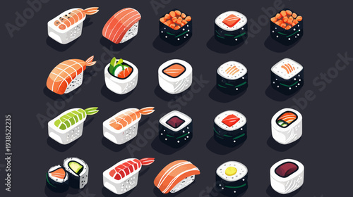 Isometric sushi illustration with various fresh ingredients on a dark background