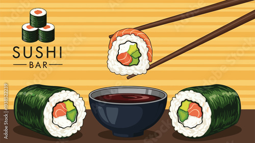 Selection of delicious sushi rolls served with a bowl of soy sauce and traditional wooden chopsticks for dining.