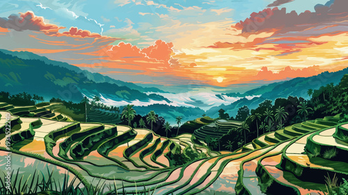 Scenic sunset over terraced rice fields and lush green mountains illustration