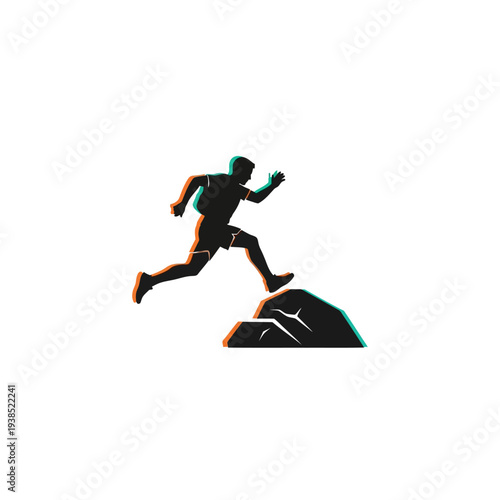 Silhouette of a man running up a hill with dynamic motion.