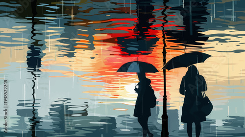 Silhouettes of people with umbrellas in the rain reflecting on wet surface