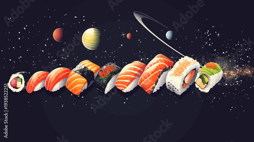 Sushi arrangement in space with planets and rings for culinary imagery