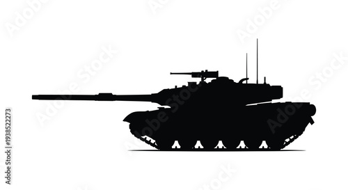 A stark silhouette of a modern battle tank depicted in a solid black shape against a white background