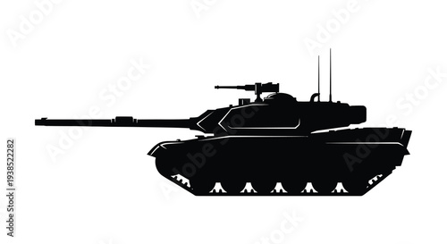A stark silhouette of a modern main battle tank depicted in a side profile view