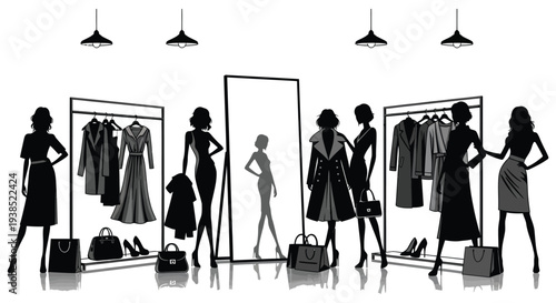 A stylish boutique interior with silhouettes of women shopping and trying on clothes high quality professional