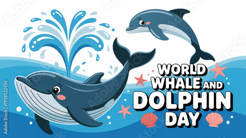 Two happy dolphins swimming in ocean waves on world whale and dolphin day with splashing water and pink starfish