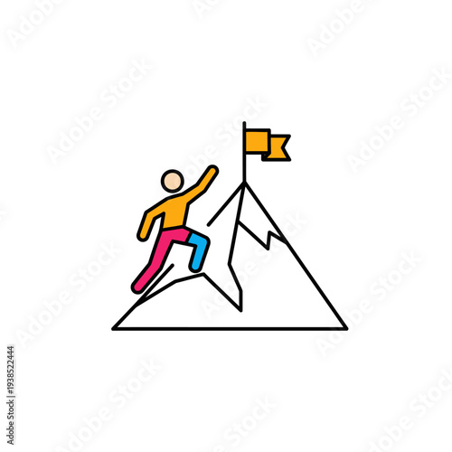 Person climbing mountain and reaching the top.