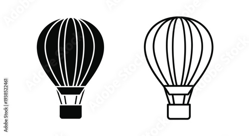 Two hot air balloons depicted in contrasting black styles silhouette