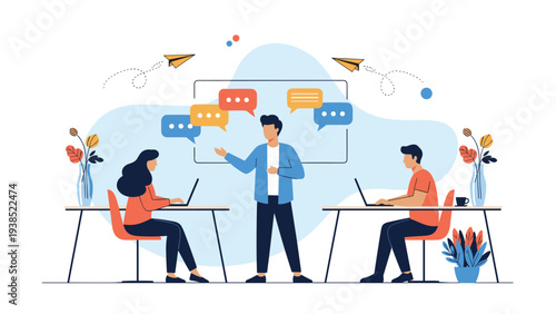 Collaborative office environment where a team uses digital tools and communication bubbles to share creative ideas.