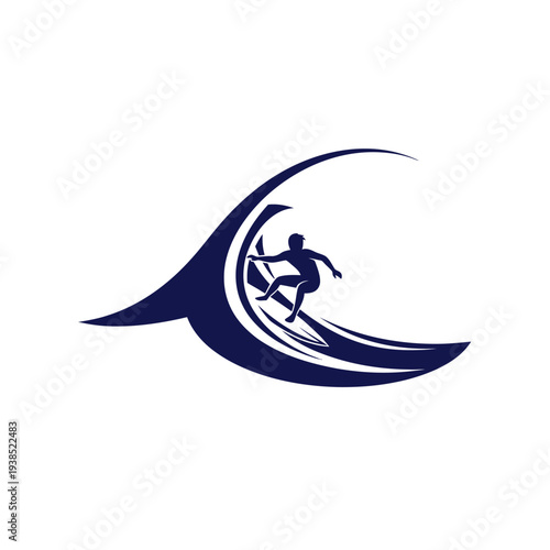 Surfer riding a wave in a stylized logo design.