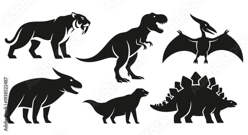 Prehistoric Animal and Dinosaur Silhouettes Set - Ancient Creatures Icons