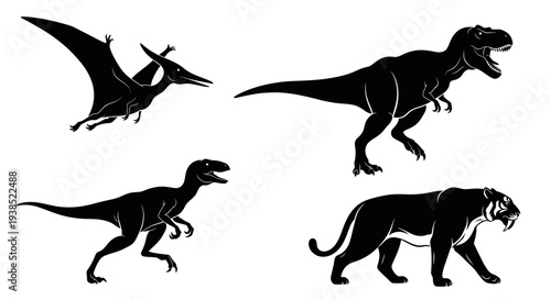 Prehistoric Animal Silhouettes Collection: Dinosaurs, Pterodactyl, Velociraptor, T-Rex, and Saber-Tooth Tiger