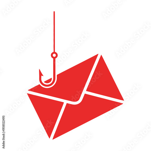 Red envelope symbol caught on sharp hook symbolizing phishing cybersecurity threat digital danger in isolated minimalist design