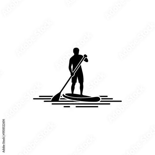 Silhouette of a person paddleboarding on calm water.