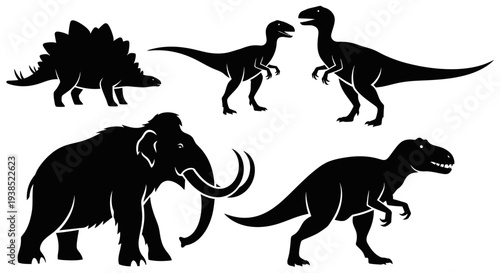 Prehistoric Animals Silhouettes Collection: Dinosaurs and Mammoth Vector Set