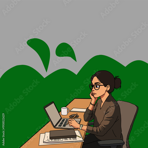 Focused Student or Researcher Working on Laptop - Vibrant Vector Illustration for E-Learning and Academic Success