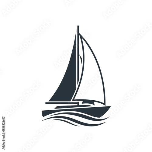 Sailboat icon with dark blue sail on white background.