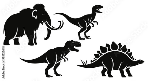 Prehistoric Animals Silhouettes: Mammoth, Dinosaurs (T-Rex, Velociraptor, Stegosaurus)