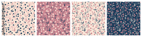 Set of Hand drawing Seamless Patterns with Leaves and Berries, Floral Ditsy Backgrounds. Vector illustration. 