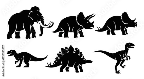 Prehistoric Animals Silhouettes Set - Dinosaur and Mammoth Vector Icons