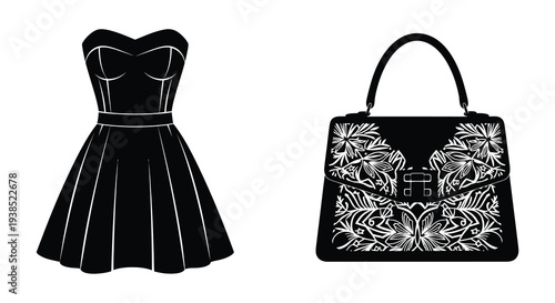 Black and white illustration of a strapless dress and a patterned handbag isolated on white