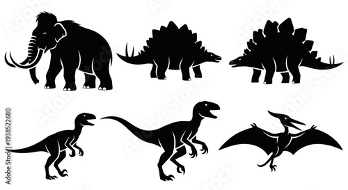 Prehistoric Animals Silhouettes Set - Extinct Creatures Vector Illustration Collection